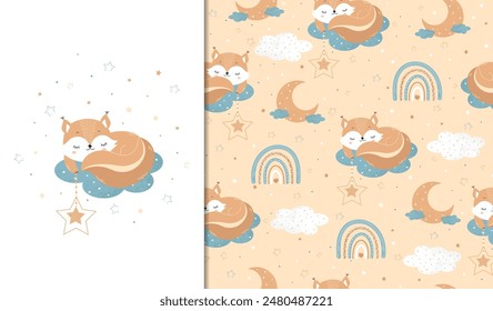 Set of posters and seamless patterns with a squirrel on a cloud, holding a star. Child illustration for posters, textiles. Vector