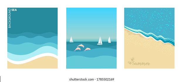 Un conjunto de afiches con un fondo marino. Naturaleza, olas, playa, arena, huellas en la arena, la superficie del mar. Ilustración vectorial de un fondo marino natural