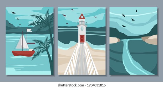 Set of posters with seascape.Modern art. Vector illustration.