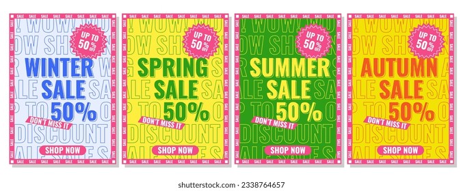 Set of posters season sale. Winter, spring, summer, autumn. Retro, y2k style. Don't miss it, shop now, discount. Vector bright background, banner, flyer. A4 format