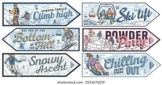 Set of posters showing people skiing, snowboarding, and tubing down a snowy mountain with inspirational winter themed slogans. Winter poster or sign for sport