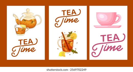 Set of posters with silhouette tea pot, leaves, lettering tea time. For poster, card, banner, discount, special offer. Vector illustration EPS10 
