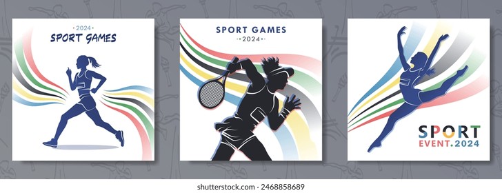 Set of posters with silhouettes of female tennis player, athlete woman in a race and gymnast girl against the colorful wavy stripes background. Sport games championship event in Paris