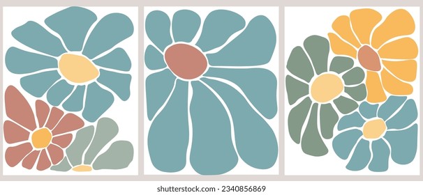 A set of posters with simple abstract blooms. Geometric chamomile flowers in contemporary print. Vector graphics.