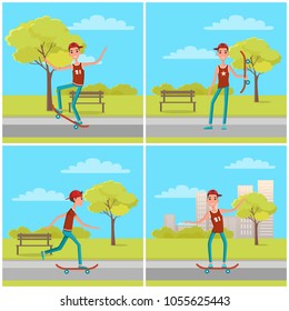 Set of posters with skateboarder on background of bench, teenagers in cute caps skateboarding in city park, vector cartoon characters go on 21 of June