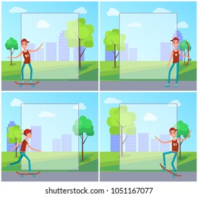 Set of posters with skateboarder training in green skatepark with trees, getting ready for go skateboarding day on 21st of June, copy space for text