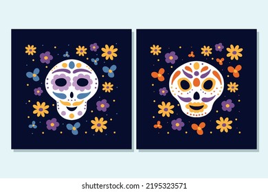 Set of posters with skulls for the day of the dead. Skulls with flowers. The day of the Dead. Mexican festival. Vector illustration.