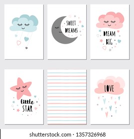 Set of posters Сute sleepy moon star cloud for baby room decoration Dream big Childish style blue pink color Perfect for fabric print logo sign cards banners Kids wall art design Vector illustration.