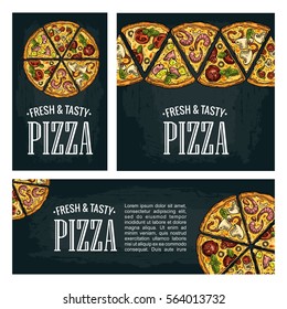 Set posters with slice pizza Pepperoni, Hawaiian, Margherita, Mexican, Seafood, Capricciosa. Vintage vector colorful engraving illustration. For menu, box. Isolated on dark background