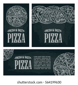 Set posters with slice pizza Pepperoni, Hawaiian, Margherita, Mexican, Seafood, Capricciosa. Vintage vector engraving illustration. For menu, box. Isolated on dark background.