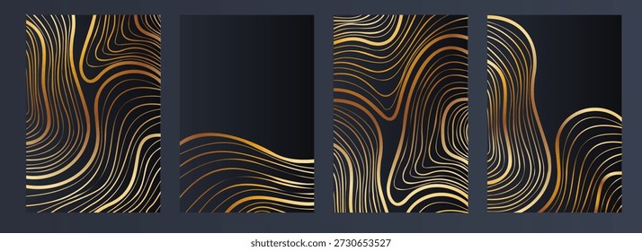 Set of posters with smooth golden lines on dark backgrounds. Ideal for luxury interiors, graphic displays, and high-end wall design.