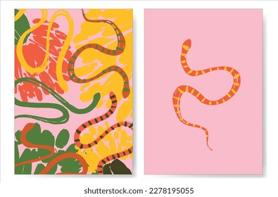 Set of posters with snakes, cacti and flowers. Reptiles with desert plants. Vector snakes in a minimalist style.