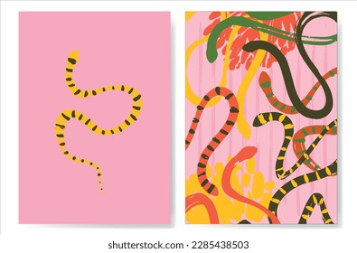 Set of posters with snakes, cacti and flowers. Reptiles with desert plants. Vector snakes in a minimalist style.