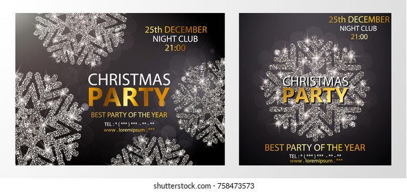 Set of posters with snowflakes. Christmas ,Happy New Year party. Background with silver sparkling snowflake. Bright surface. Vector Illustration for holiday greeting card, poster. Gold lettering