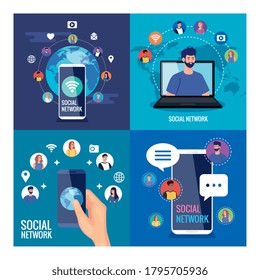 set posters of social network, people connected digitally, interactive, communication and global concept vector illustration design