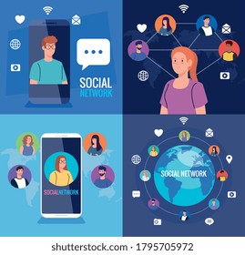 set posters of social network, people connected digitally, interactive, communication and global concept vector illustration design