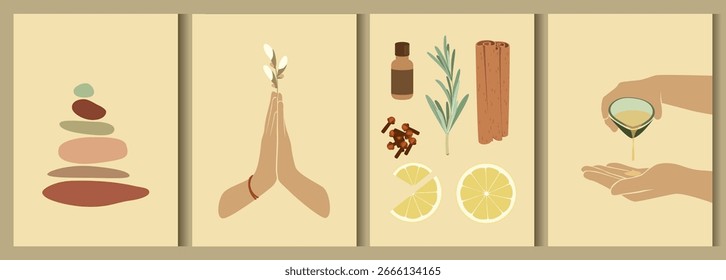 Un conjunto de carteles con artículos de spa. Ayurveda. Vector.