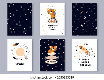 A set of posters with space in the Scandinavian style. Leopard on the rainbow. Cute animal cards