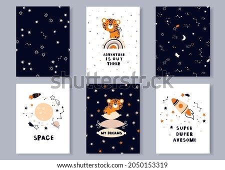 A set of posters with space in the Scandinavian style. Leopard on the rainbow. Cute animal cards