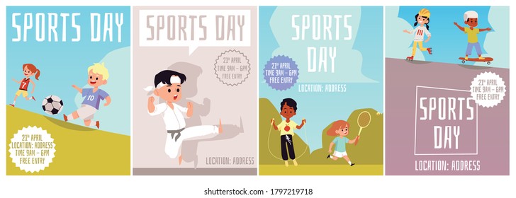 Un conjunto de afiches con espacio para texto para eventos deportivos. Día de deporte para niños - artes marciales de baloncesto saltando al tenis, patinaje sobre patinaje. Ilustraciones vectoriales planas