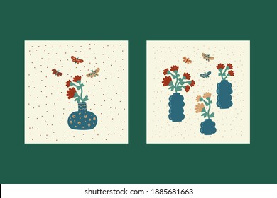 Un ensemble d'affiches de fleurs printanières avec des papillons. Une collection de cartes postales avec des textures et une fleur en cercle de points. Motifs naturels dans un récipient à fleurs. La collection de plantes dans
