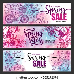 set of posters Spring sales, set of icons and symbols with bike on a watercolor background, flowers, flyer templates with lettering. Typography poster, card, banner design element. Vector illustration