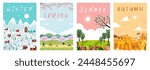 Set of posters for spring, summer, autumn and winter. Illustrations with people and seasonal outdoor activities.