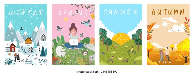 Conjunto de carteles para primavera, verano, otoño e invierno. Ilustraciones con personas y actividades al aire libre de temporada.