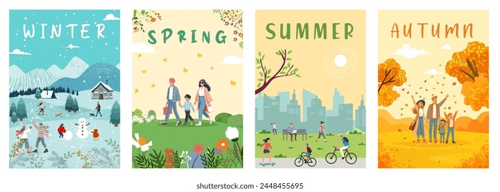 Set of posters for spring, summer, autumn and winter. Illustrations with people and seasonal outdoor activities.