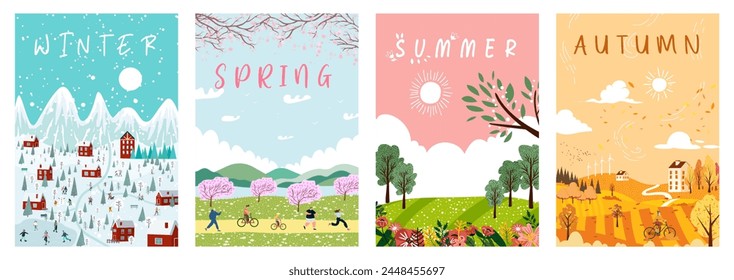 Conjunto de carteles para primavera, verano, otoño e invierno. Ilustraciones con personas y actividades al aire libre de temporada.