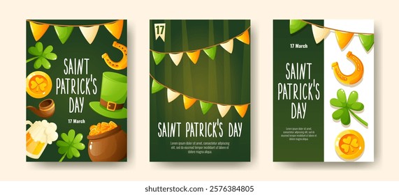 Set of posters for St. Patrick's Day, March 17. Greeting cards, invitations, banners, posters with images of a horseshoe, gold coins, a shamrock clover, a leprechaun's top hat, congratulatory text.