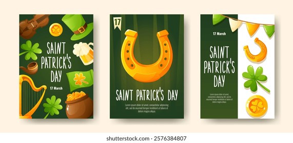 Set of posters for St. Patrick's Day, March 17. Greeting cards, invitations, banners, posters with images of a horseshoe, gold coins, a shamrock clover, a leprechaun's top hat, congratulatory text.