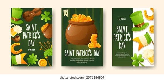 Set of posters for St. Patrick's Day, March 17. Greeting cards, invitations, banners, posters with images of a horseshoe, gold coins, a shamrock clover, a leprechaun's top hat, congratulatory text.