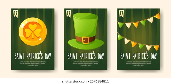 Set of posters for St. Patrick's Day, March 17. Greeting cards, invitations, banners, posters with images of gold coins, a leprechaun's top hat, flags in the colors of the flag,  congratulatory text.