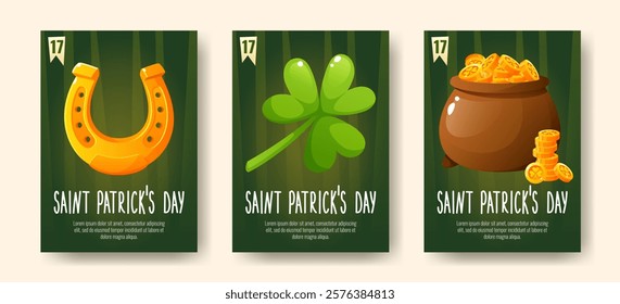 Set of posters for St. Patrick's Day, March 17. Greeting cards, invitations, banners, posters with images of a horseshoe, gold coins, shamrock clover, with congratulatory text.