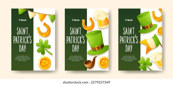 Set of posters for St. Patrick's Day, March 17. Greeting cards, invitations, banners, posters with images of a horseshoe, gold coins, a shamrock clover, a leprechaun's top hat, congratulatory text.