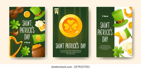 Set of posters for St. Patrick's Day, March 17. Greeting cards, invitations, banners, posters with images of a horseshoe, gold coins, a shamrock clover, a leprechaun's top hat, congratulatory text.