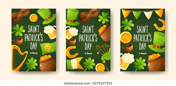 Set of posters for St. Patrick's Day, March 17. Greeting cards, invitations, banners, posters with images of a horseshoe, gold coins, a shamrock clover, a leprechaun's top hat, congratulatory text.