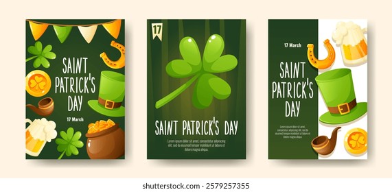 Set of posters for St. Patrick's Day, March 17. Greeting cards, invitations, banners, posters with images of a horseshoe, gold coins, a shamrock clover, a leprechaun's top hat, congratulatory text.