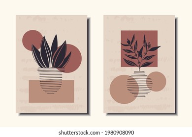 A set of posters with a still life. Plant in the pot. Modern Art. Vector illustration.