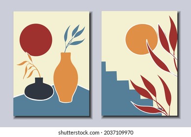 A set of posters with still lifes and plants. Modern Art. Vector illustration.