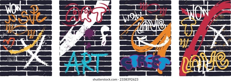 A set of posters in the style of graffiti on a dark background of black brick. Poster template, street art, wall art. Vector drawing, design elements.