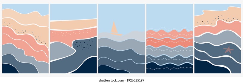 Set von Plakaten im Stil des Manimalismus. Abstrakte Jahreszeit , handgezeichnet. Verwendung für Verpackung, Tapete, Design für Textilien, Postkarte, Konzept, Clipkunst, Vektorgrafik.