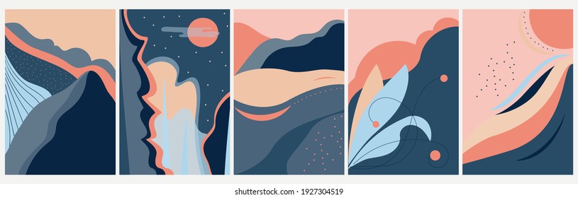 Set of posters in the style of manimalism. Abstract seascape , hand drawn. Use for packaging, wallpaper, design for textiles, postcard, concept, clipart, vector illustration.