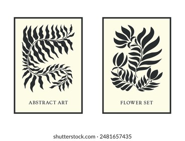 Set of posters in the style of Matisse. Interior and home decoration. Abstract. Flowers and leaves. Botany. Boho. Template. Trendy art .Hippies. Psychedelic. 60s and 70s. Elements and shape. Collage