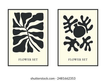 Set of posters in the style of Matisse. Interior and home decoration. Abstract. Flowers and leaves. Botany. Boho. Template. Trendy pastel  art .Hippies. Elements and shape. Collage. Pomegranate