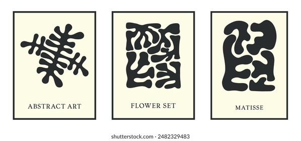 Set of posters in the style of Matisse. Interior and home decoration. Abstraction. Groovy flowers. Botany. Boho. Template. Trendy art floral. Hippies. 60s and 70s.Hand drawn. Collage. Contemporary 