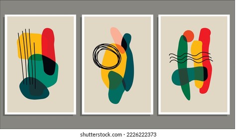 Eine Reihe von Plakaten im minimalistischen Stil mit geometrischem Design, Vektorvorlage mit Elementen von primitiven Formen, moderner Stil. Künstlerische Komposition für das Innere.