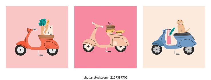 Set of posters with stylish vintage scooters with pets and other things of the owner. Transport, Italian style. Can be used in postcard or print design, background etc. Colorful vector illustration.