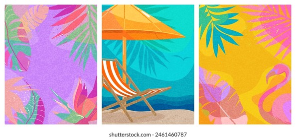 A set of posters with a summer background. Bright design, modern style for covers, leaflets, sales